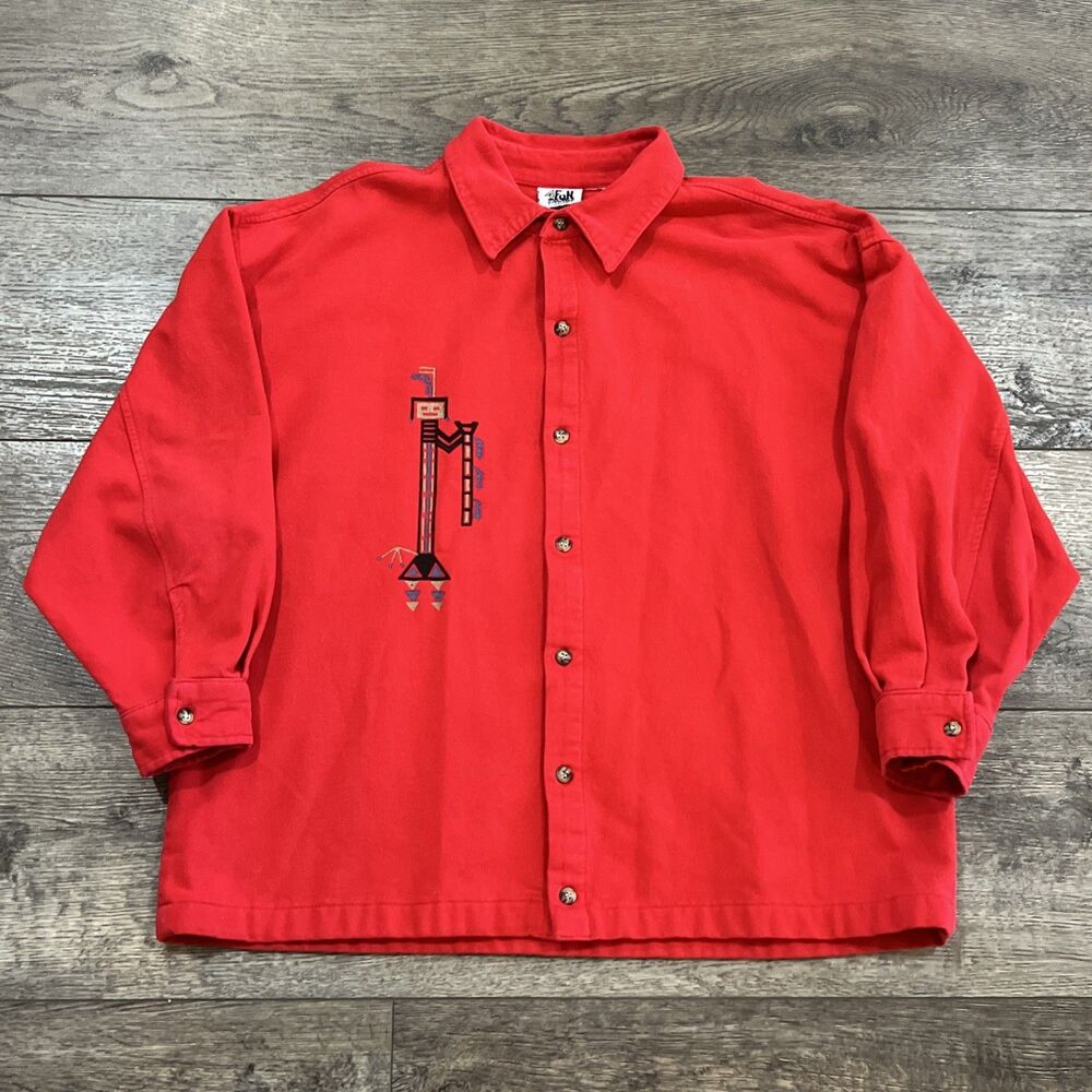 Vintage 90s 4Fun Originals Heavy Red Native American Graphic Button Up Large
